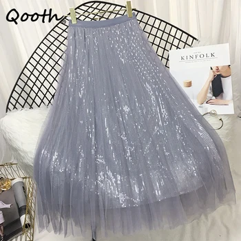 Qooth נשים קוריאני סגנון נצנצים טול קו חצאית וינטג אלסטי המותניים מסיבת Midi רשת חצאית QT2199